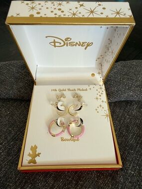 Disney Gold-Tone Hoop & Bow Earring Gift Set with White and Pink Accents